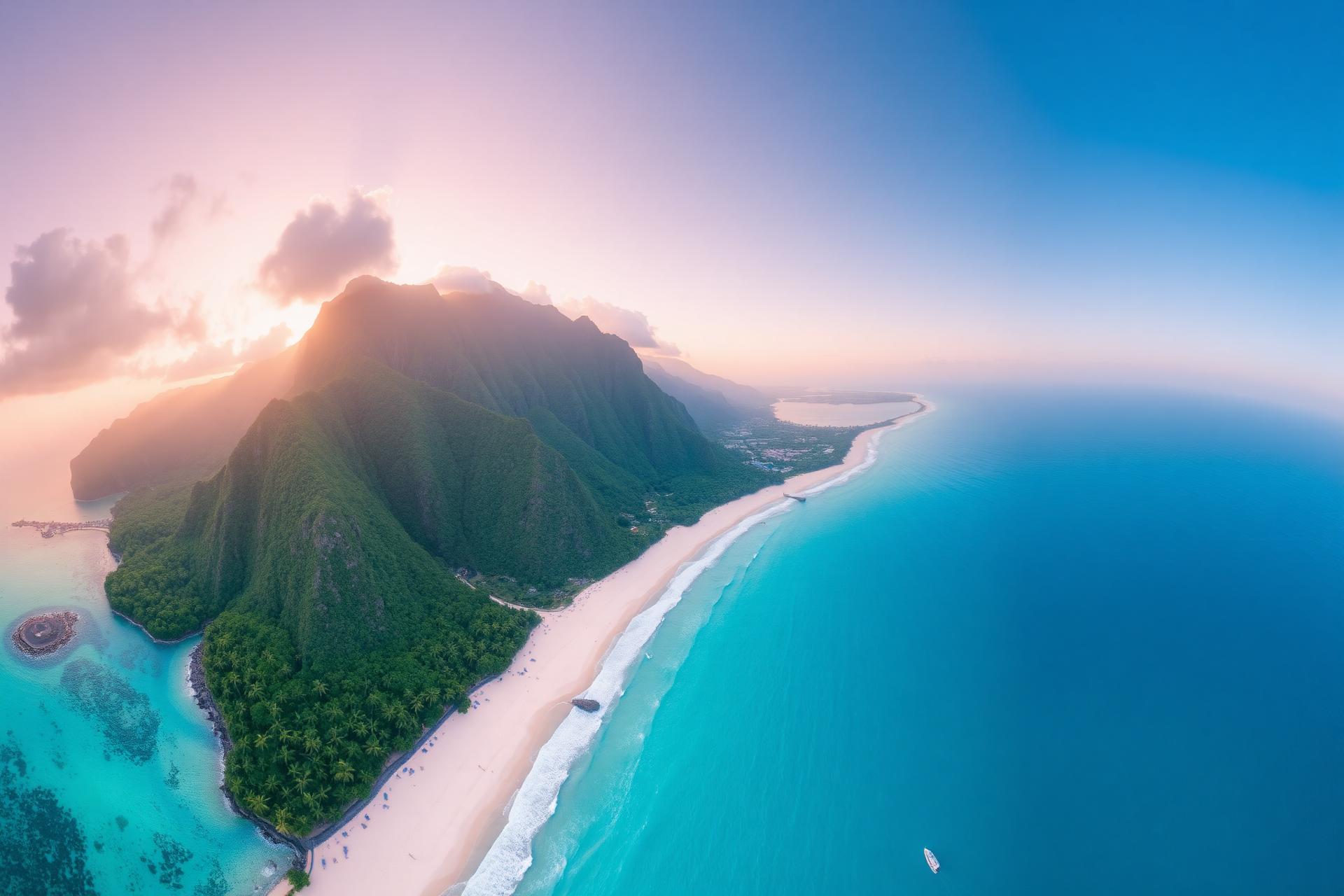 Aerial view of a tropical coastline at sunrise